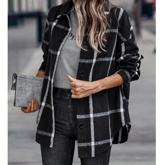 black and white plaid print overcoat fall winter chic classy casual - Picture 4 of 4